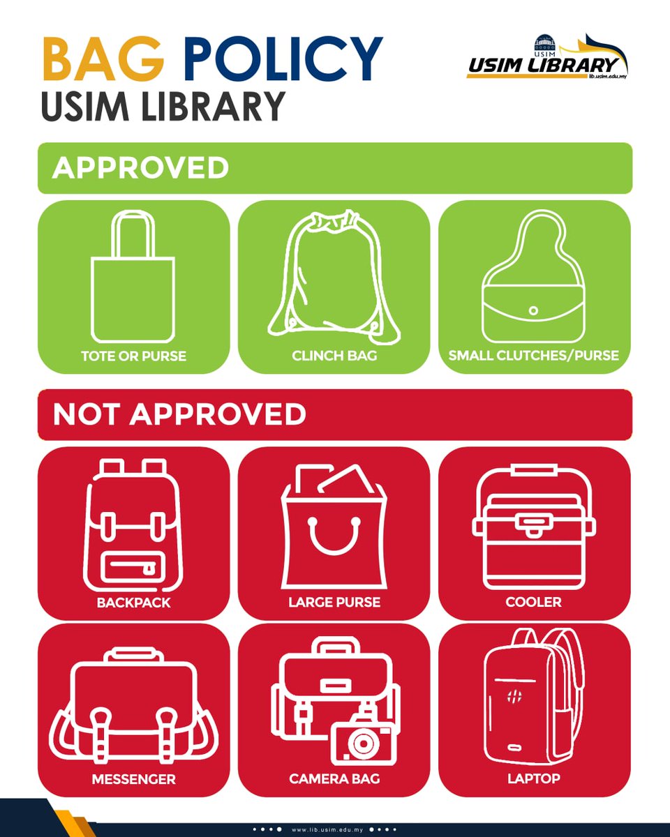 USIMLibrary's tweet photo. USIM LIBRARY BAG POLICY
Dear valued users,
Please be informed that, bags and cases (poster) may not be taken into the library and should be left in the lockers provided. Non woven bags are provided for use in the library.
Thank you for your cooperation
#USIMLibrary
#bagpolicy https://t.co/MLgI6VDh7S