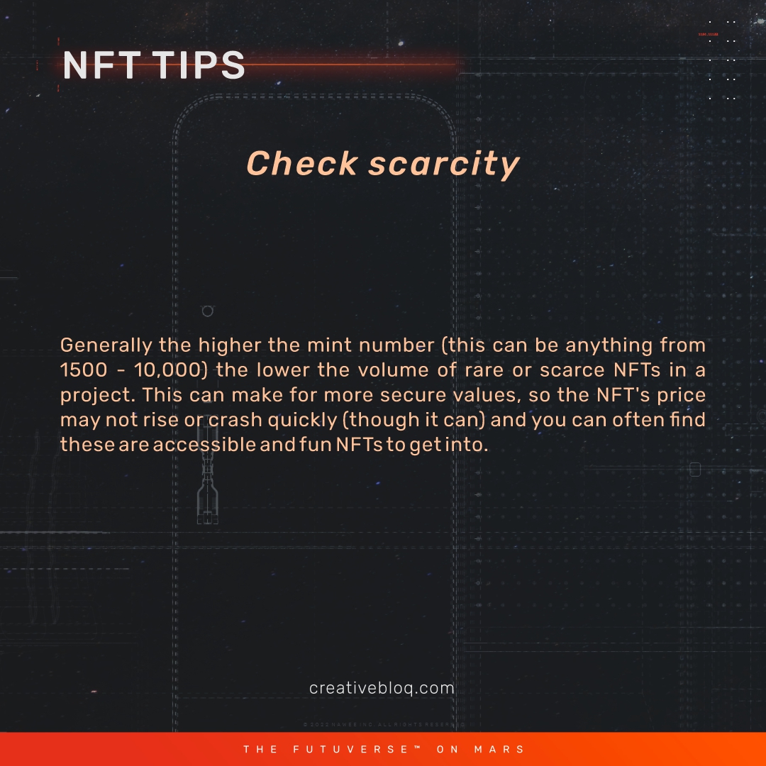the_Futuverse's tweet photo. Check scarcity
Generally, the higher the mint number (this can be anything from 1500 - 10,000) the lower the volume of rare or scarce NFTs in a project.
#onteco #mars #NFT #NFTs #metaverse #futuverse #Tips #NFTTips https://t.co/FnIlMWn8jL