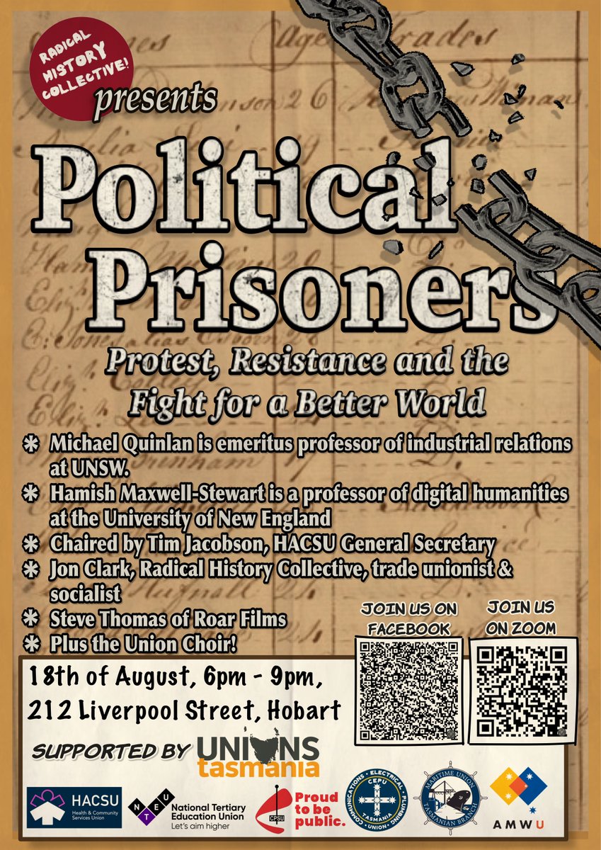 history_radical's tweet photo. Tonight from 6.30.  With Michael Quinlan, Hamish Maxwell-Stewart, @jon___clark, @RoarFilmAU and chaired by @MundayJessica @TasUnions #AusUnions https://t.co/52dQNRb8Ah