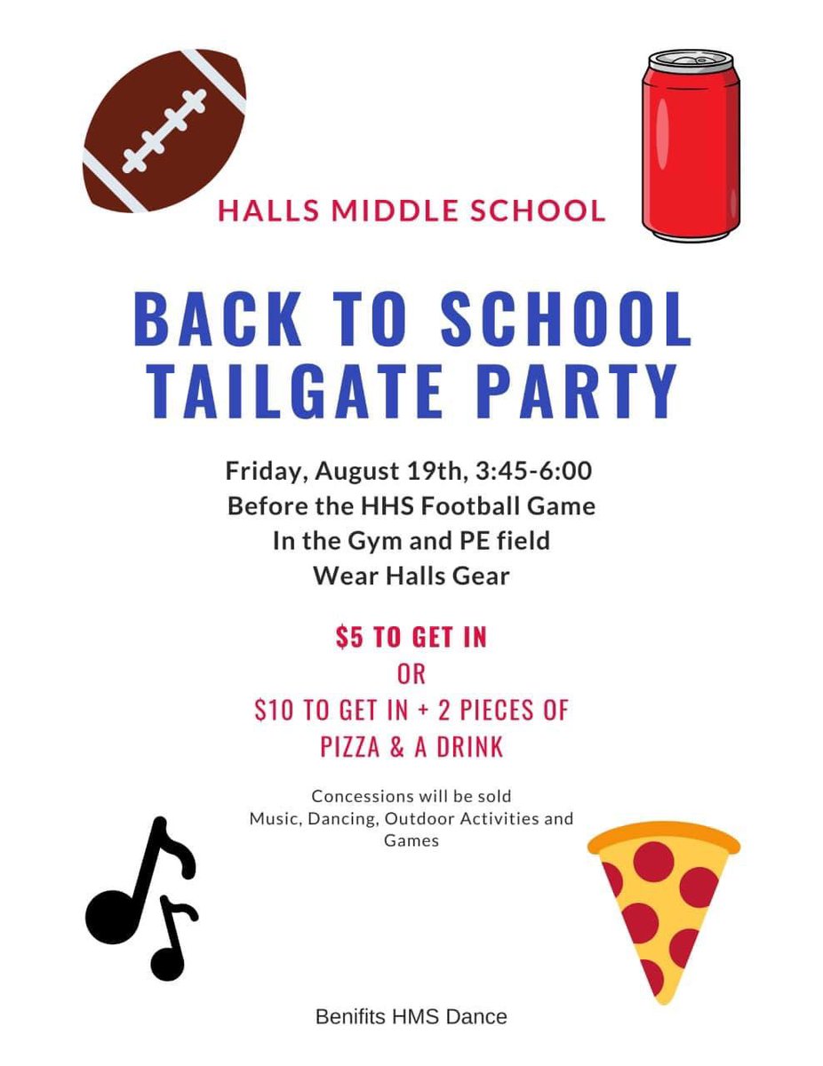 HallsMiddlePTA's tweet photo. We would love for all of our HMS students to join us for the Back to School Tailgate Party!!! It’ll be a fun celebration, before the HHS football game. https://t.co/DMGA1zGDhz