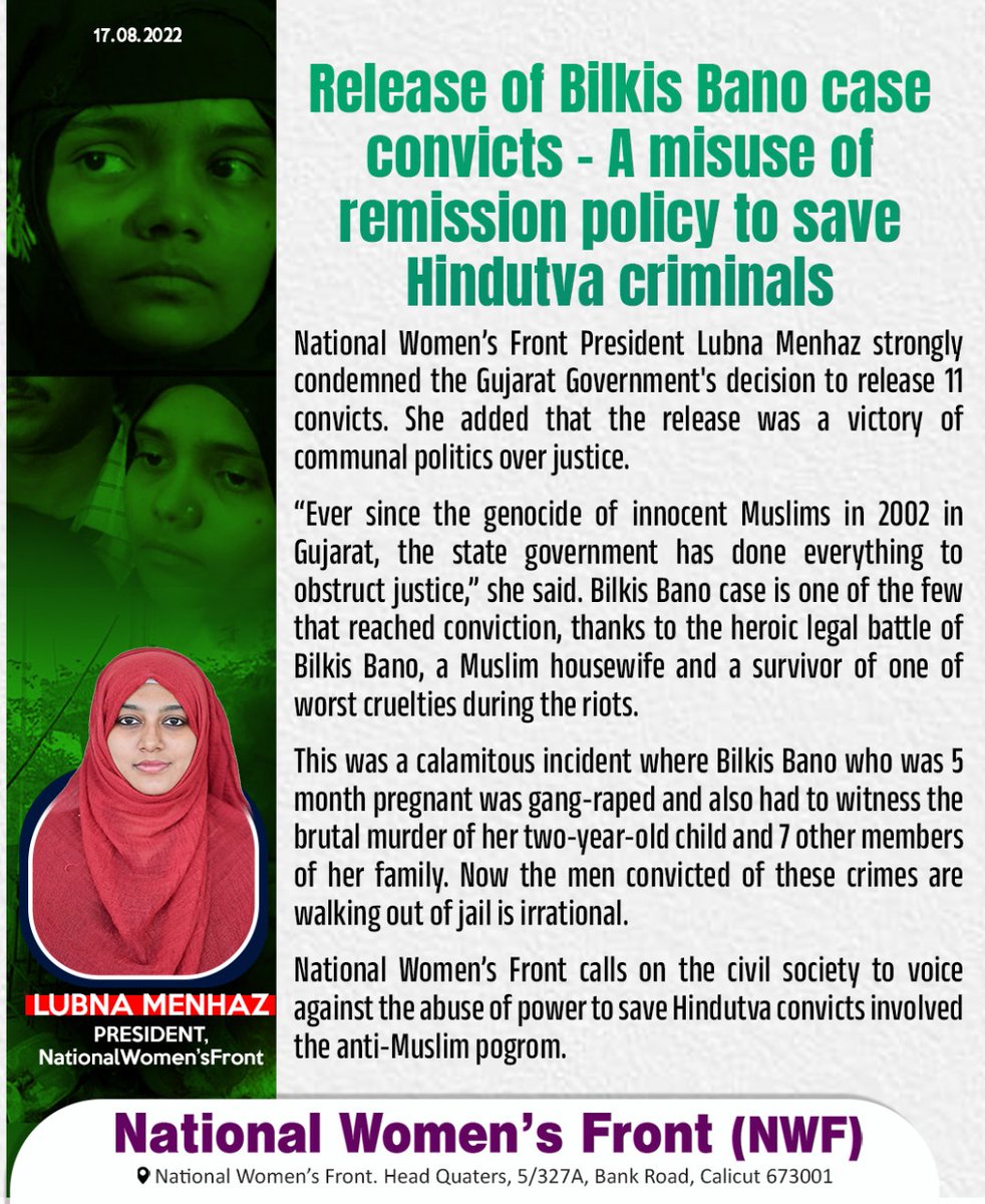 Release of Bilkis Bano case convicts - A misuse of remission policy to save Hindutva criminals: NWF
