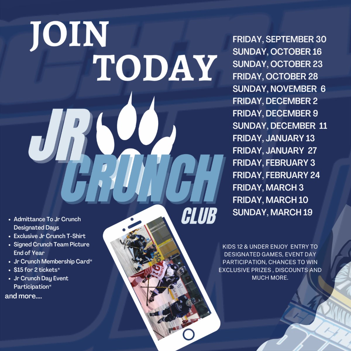 IFSTORMNOJHL's tweet photo. #JrCrunch. #CrunchClub.
*Friday's and *Sunday's are JR CRUNCH day! Be part of the exclusive club and have the chance to get up close to your CRUNCH PLAYERS
Exclusive discounts, merchandise, events, game day participation and more.
JOIN TODAY!!
@CrunchNOJHL https://t.co/sSLvEsgSDB