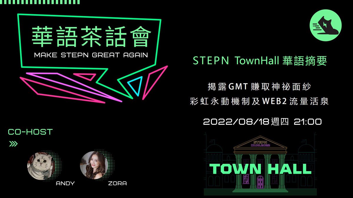 zorarara_0209's tweet photo. 【 華語茶話會 #MSGA 第二期 】 

#STEPN TownHall 精華摘要

揭露 #GMT 賺取神秘面紗
彩虹永動機制與 WEB 2 流量活泉

時間： 2022/08/18 晚間21:00 
地點： https://t.co/F8bqfphArE

主持人：@Andypan1999 、Zora

#STEPNerLife
#MoveNEarn
@Stepnofficial 
@Jerry10240 
@yawn_rong
@Mable_Jiang https://t.co/OHksQL7Zsh