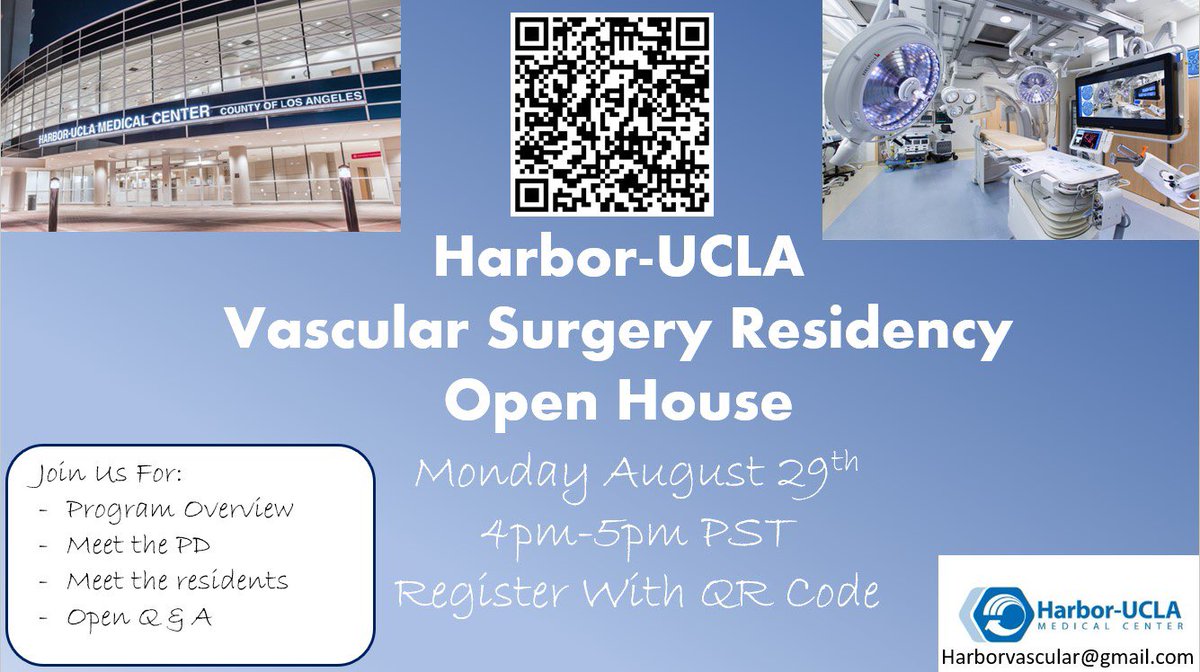 Join us for our integrated vascular surgery residency open house on Monday August 29th at 4pm PST! We look forward to meeting future vascular surgeons and introducing you to our program! <a href="/FutureVascSurgn/">FutureVascSurgeons</a> <a href="/VascularSVS/">Vascular SVS</a> <a href="/drdevirgilio/">Christian de Virgilio MD FACS</a> <a href="/Dr_NikhilKansal/">Nikhil Kansal</a> <a href="/MarkArchie10/">Mark Archie MD</a> <a href="/HarborUCLASurg/">Harbor-UCLA Surgery</a>