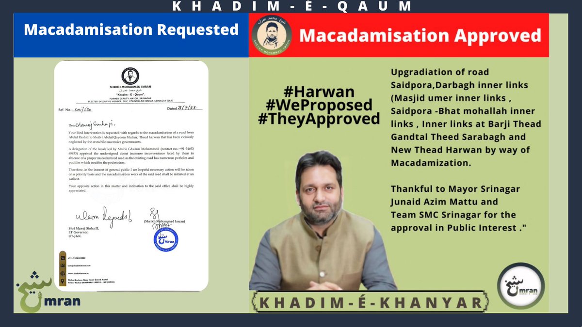 WithSheikhImran's tweet photo. Thankful to @Junaid_Mattu Sb incumbent @MayorofS and team @SMC_Srinagar for acknowledging &amp; promptly approving the essential road Macadamisation of Saidpora #Theed #Harwan that remains purely in the public interest. https://t.co/CLF5lRWQIG