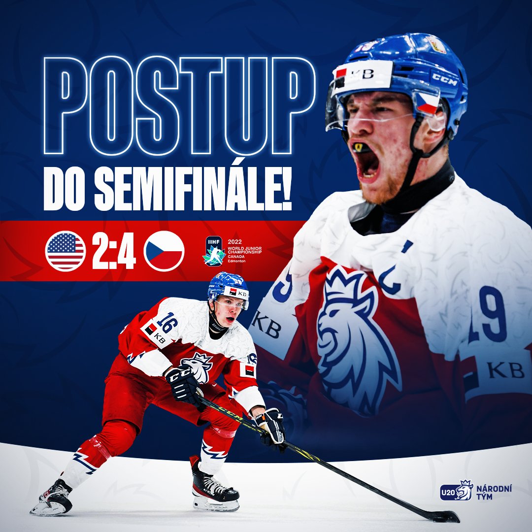 SEMIFINÁLE! 🇨🇿😍
Dobré ráno, Česko! Čeští junioři přehráli zámorského favorita a na MSJ si zahrají o medaile 👏🏻

Děkujeme všem, co nám věřili a fandili 🦁 #U20CZE #WorldJuniors #narodnitym #jakolev #USAvCZE