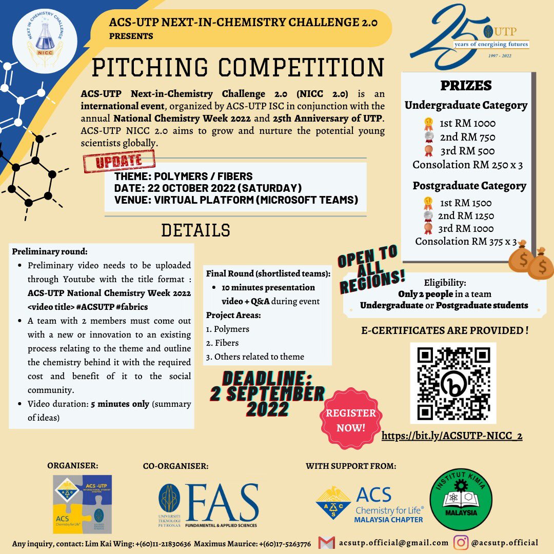 AcsUtp's tweet photo. Second Call‼️

🎉 Pitching Competition 2022🎉

✨Theme: Polymers/Fibers

✨5 minutes pitching video by 2 Sept 2022

✨Click link: https://t.co/nFkVvOCrEW

#ACSUTPISC #NCW2022 #chemistry #fabrics #international #varsitycompetition https://t.co/l46cdwD0zH