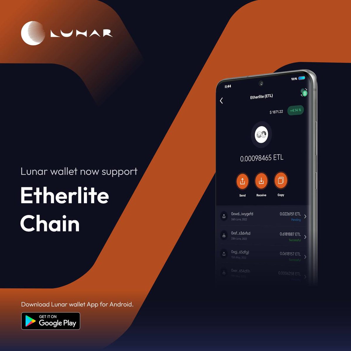 EtherliteCzech's tweet photo. Lunar : Crypto & DeFi peněženka 💲
#Lunarwallet nyní podporuje #EtherLite Chain
Stáhnout nyní: https://t.co/06Vxb1fhWG
#Crypto #DeFi #LUNAR #DApp https://t.co/fBJYC06MwI
