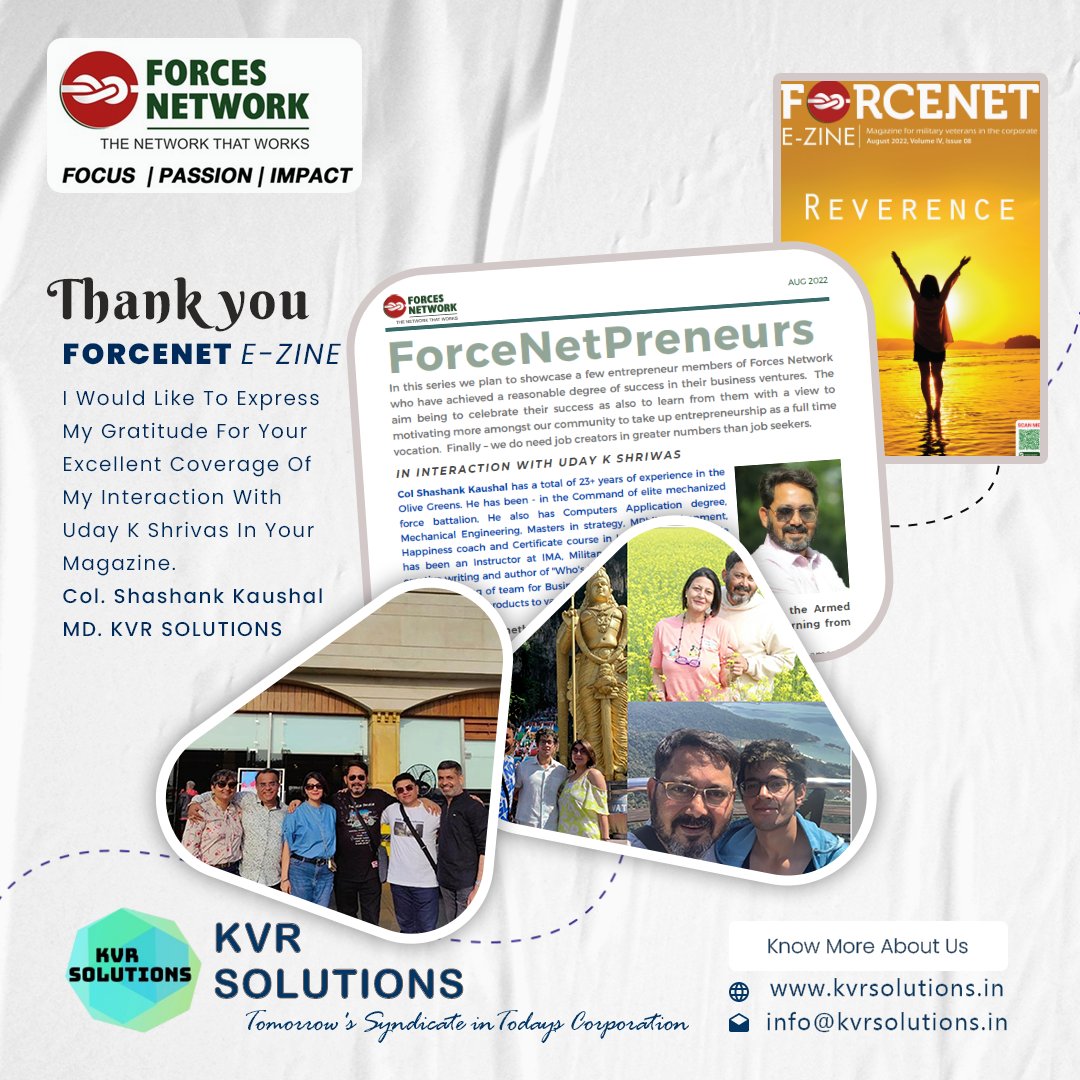 KvrSolutions's tweet photo. Thank you Forcenet Magazine Team KVR appreciates your article about our MD Sir Col Shashank Kaushal

#forcenet #newtechnology #startup #business #entrepreneur #entrepreneurships #entrepreneurlife #inspiration #innovation #technology #entrepreneurs #tech https://t.co/15PGpUy4rF