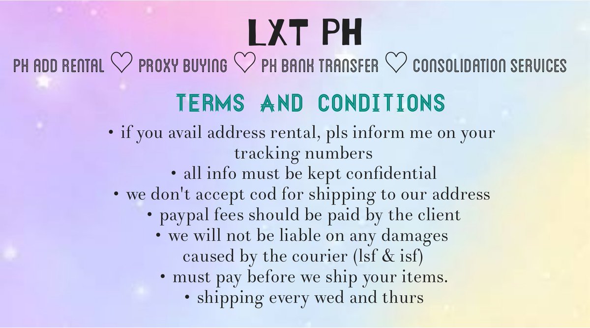 lxt_ph's tweet photo. we are open for ww shipping assistance ~ ๐โ (usa uae my ina th eu sg and many more)
shipping every wed and thurs ๐ฆ
โaccepts kpop items
โ ph consol
paypal to gcash paymaya ph bank transfer assistance also available ~ ๐ณ
#lxtproofs
#lxtarrivals
#lxtupdates
Pls read this๐งต https://t.co/9tNUH2WZKC