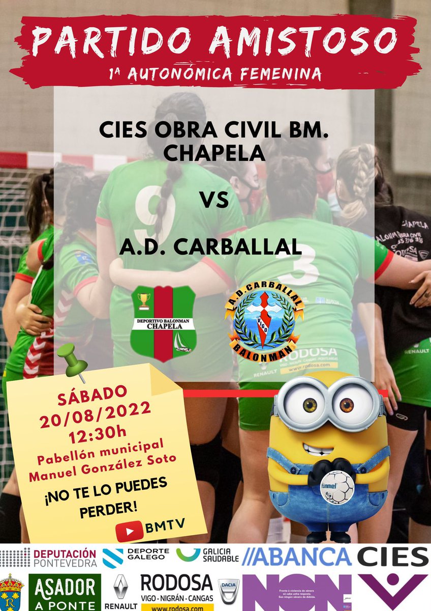 Primeiro encontro amigable das nosas minions en categorías infantil (10:00) cadete (11:15) e senior (12:30) o sábado no noso pavillón fronte o @ADCarballal1977. Xa estamos aaaquíiii!!!! 👏👏👏🤙🤙🤙❤💚❤💚 #imoschapela #vermelloeverde