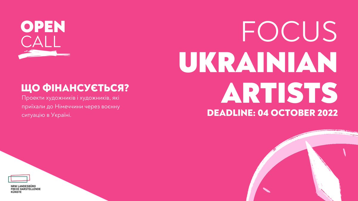 New call for proposals: With funding from <a href="/MKW_NRW/">mkw.nrw</a> we support projects with and by artists in North Rhine-Westphalia who came to Germany due to the war situation in Ukraine.

The call is available in 🇺🇦 Ukrainian, 🇬🇧 English and 🇩🇪 German ➡️ cutt.ly/0XcYHtY