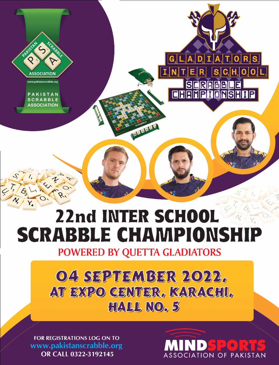 TeamQuetta's tweet photo. GLADIATORS SCRABBLE IS BACK ❕

We bring you the biggest and the glitziest scrabble championship of them all; the star studded 22nd INTER SCHOOL SCRABBLE CHAMPIONSHIP powered by @TeamQuetta !

🗓 Sunday 04 Sep 2022 
📍Karachi Expo Center, hall No. 5 

🔗 https://t.co/XQCZnoi9o4 https://t.co/hLWgD1t4sI