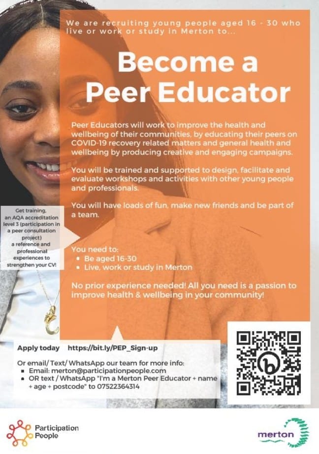 Great opportunity to become a Peer Educator. Details below on how to apply. #merton #peereducator #youngpeople