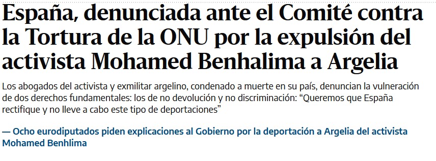 laredjuridica's tweet photo. Presentada denuncia contra España ante el Comité contra la Tortura de la ONU por la devolución de Mohamed Azzouz Benhalima a Argelia a pesar del riesgo de torturas por su activismo político. Abrimos🧵 explicándolo. https://t.co/LFUBRXdH12