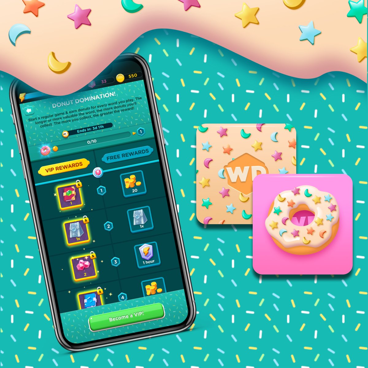 WordDomGame's tweet image. It’s donut o’clock! 🍩 Let us know in the comments below what is your favorite type of donut? Ours is the Blueberry Glazed.🫐🤤
Join the Donut Domination event with glazing and sprinkles on top and catch the elusive tile while you can! 😋