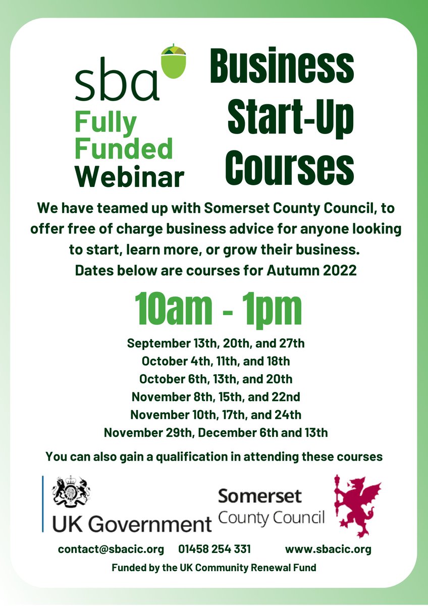 Business start up dates from Sept to  - Nov! Gain a qualification with our free course! Learn about #marketing #finance #sales #planning!📞contact@sbacic.org  / 01458254331 #webinars #business #enterprise #startup #skills #qualifications #freetraining