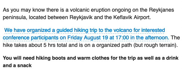 BnmiNordic's tweet photo. #BNMI2022 There is of course more to offer for a conference taking place in August at Reykjavik. 
 
We love this email from @Siggi_Runar "Oh, by the way there is a volcano erupting between us and the airport, let's go take a look!"   

(photos from our hike on Tuesday @kschink ) https://t.co/CYpaKodoMi