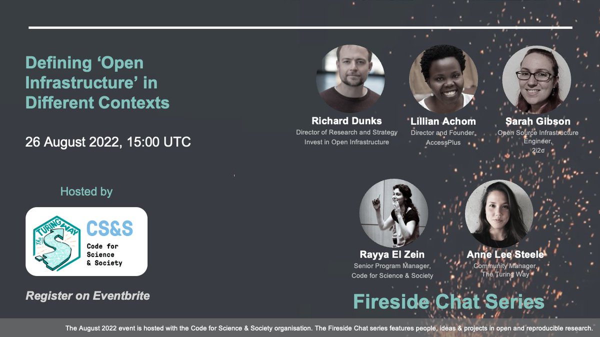 🗓 Save the date for the Fireside Chat on 26 August, 15:00 UTC.🔥

Join our speakers as they discuss definitions of open infrastructure across different contexts, within and around research environments.
 
RT &amp; Register🙏
eventbrite.co.uk/e/defining-ope…