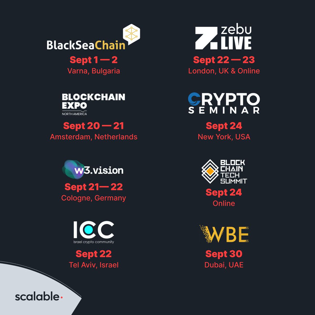 Scalable_HK's tweet photo. Looks like some exciting conferences are coming up in September!
Are you joining any?🤩
#blockchainexpo #blockchainconferences #cryptoseminar #blockchaintechsummit https://t.co/tpIctVJKRf