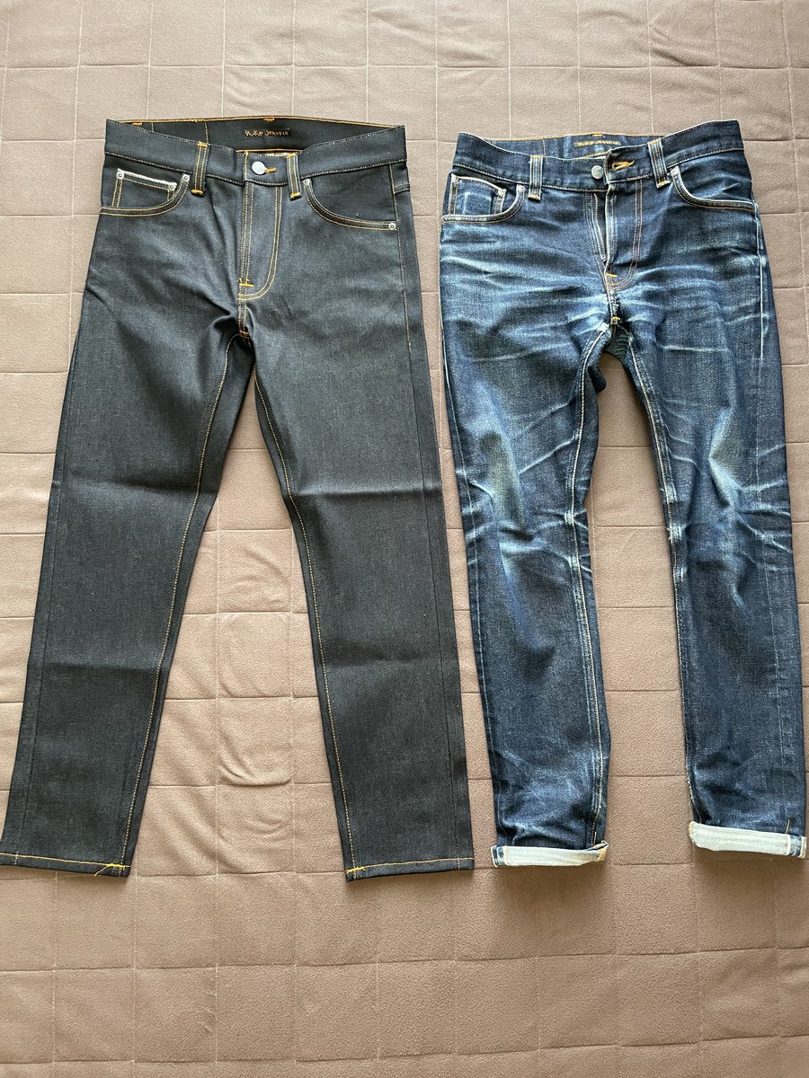 lucktake1001's tweet photo. まーた無駄遣いしてしもうた
完全にセルビッジ依存症👖
バックポケットのステッチが紺色で、色落ちと共に浮き上がってくるのを想像するとニヤけちゃう〜
右は着用3年
株式もジーンズも長期保有で！
#nudiejeans #leandean https://t.co/SdYBkUqreI