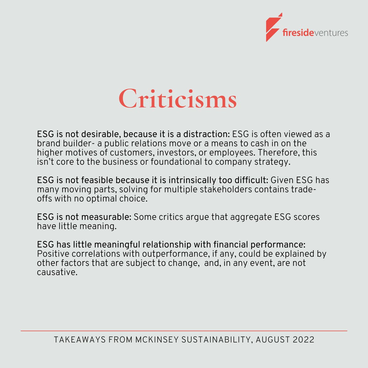 firesideventure's tweet photo. With companies committing to make #ESG core to their biz models, it's critical to understand its value & strategic rationale. @McKinsey explored how #ESG considerations can help future-proof companies while delivering meaningful impact. Our takeaways:
#FiresideIgnite #ValueOfGood https://t.co/vJqPdzZril