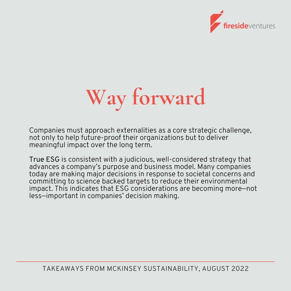firesideventure's tweet photo. With companies committing to make #ESG core to their biz models, it's critical to understand its value & strategic rationale. @McKinsey explored how #ESG considerations can help future-proof companies while delivering meaningful impact. Our takeaways:
#FiresideIgnite #ValueOfGood https://t.co/vJqPdzZril