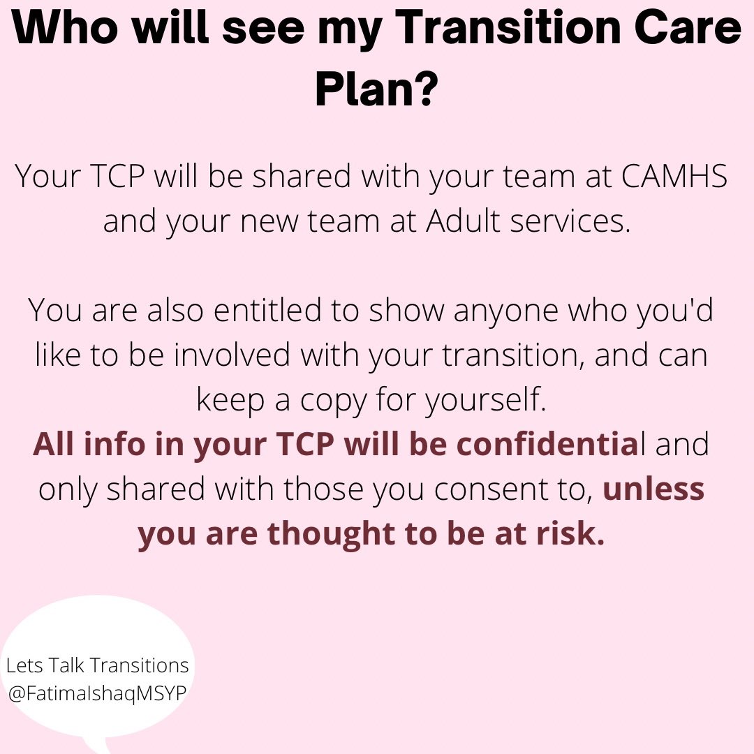 fatimaishaqxx's tweet photo. #LetsTalkTransitions
Your TCP is entirely for the benefit of yourself & your new Adult Team. YOU are in control of your TCP and can choose to share it with those you consent to.
The only exception is when you, or someone else, is thought to be at risk💛 https://t.co/1sbPzso1kR