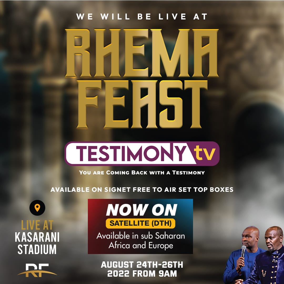 TOTMinistries's tweet photo. We will be airing Rhema Feast with Apostle Joshua Selman live on Testimony TV @Testimony__TV from 24th to 26th August, 2022.

Keep watching Testimony TV!

#RhemaFest
#testimonytv https://t.co/UROIRNwExn