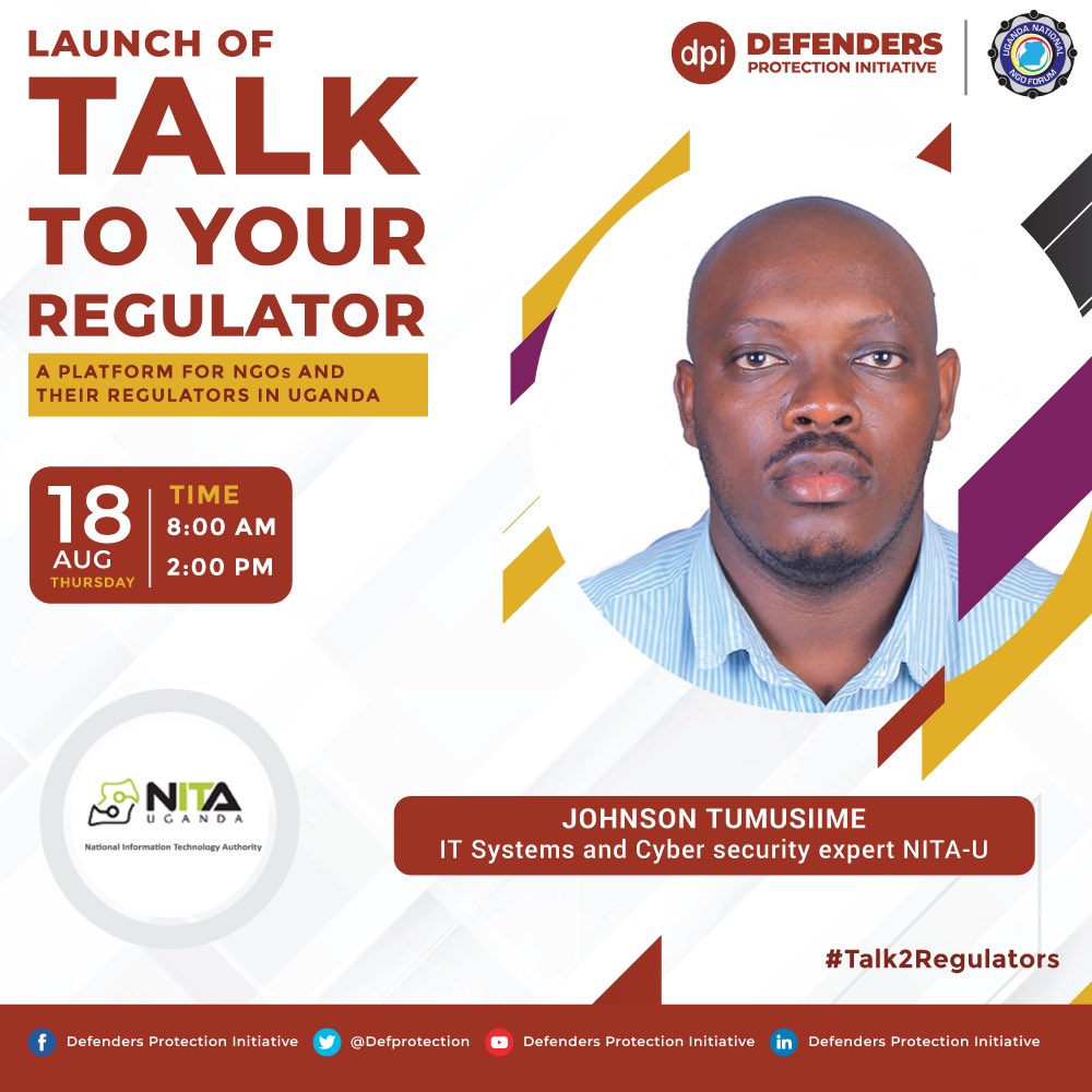 defprotection's tweet photo. Happening now: Johnson Tumusiime, IT specialist and cyber security specialist @NITAUganda1 talking about ways to leverage technology in reducing the compliance statutory burden. 
#Talk2Regulators 
@MottFoundation @ajws @EUinUG @giz_gmbh @HRCUG @DGFUganda17 @theGCTF https://t.co/DmHZsQhtSJ