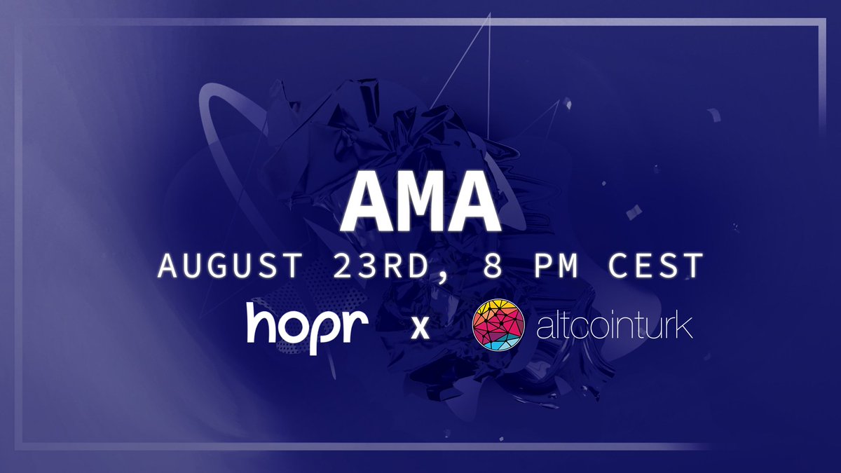 HOPR 🟡 (@hoprnet) on Twitter photo We’re excited to announce an AMA with our frens from <a href="/altcointurk/">Altcointurk</a>
📍Altcointurks Telegram t.me/altcointurk
🗓 August 23rd
🕛 8pm CEST
There is a total prize of 6,500 $HOPR up for grabs💰🔥
👇1/3 We’re excited to announce an AMA with our frens from <a href="/altcointurk/">Altcointurk</a>
📍Altcointurks Telegram t.me/altcointurk
🗓 August 23rd
🕛 8pm CEST
There is a total prize of 6,500 $HOPR up for grabs💰🔥
👇1/3