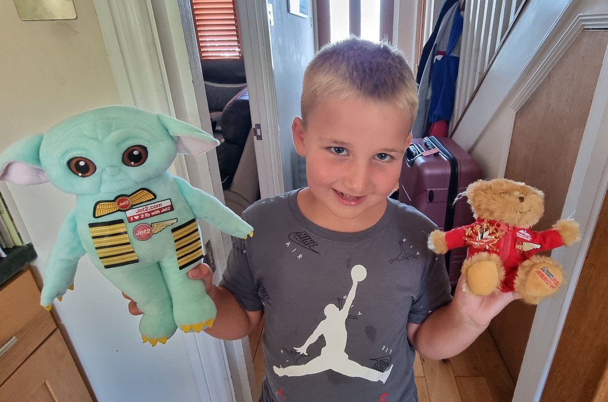 StaceyB_RVN's tweet photo. What a treat for the boys on our Ibiza return flight to Newcastle. Getting to see the flight deck, meet the crew and they decided to make captains of their baby Yoda's and The Red Arrows bear @jet2tweets https://t.co/5P73PoX3gY
