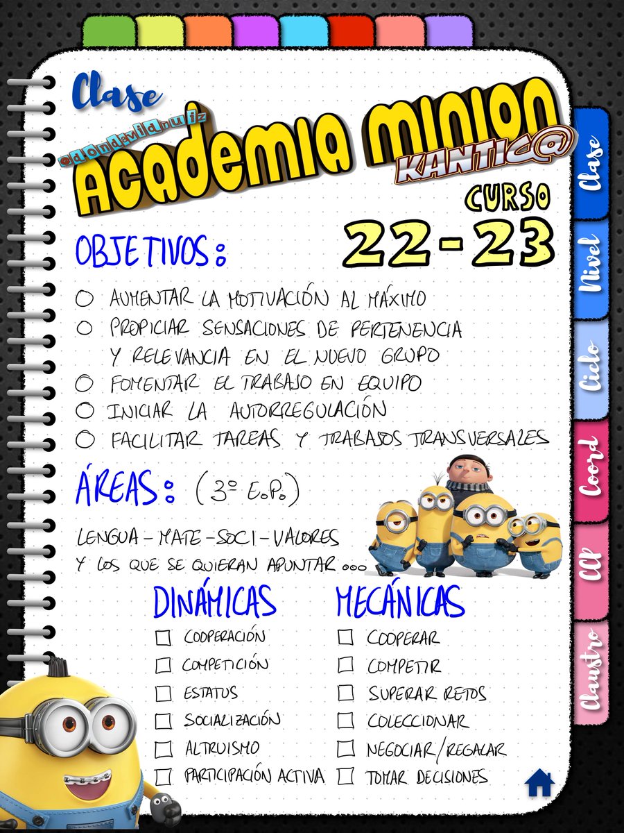 dondavidruiz's tweet photo. https://t.co/liUBHqfoHO Bueno, es solo un borrador (aún no sé ni quiénes serán mis compañeros este curso…), pero aquí está la propuesta de “esqueleto” de la gamificación 22/23 para los terceros del @ceipkantica: #AcademiaMinion. Se aceptan todo tipo de consejos. ¡Gracias! https://t.co/YHCKX5wszs