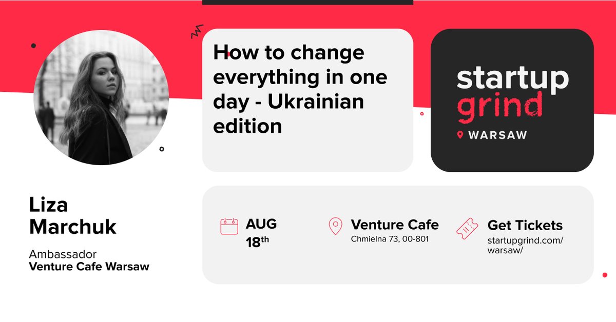 🦄🇺🇦 Who's up for networking &amp; positive vibes?
As a part of <a href="/expatlens/">Life in Warsaw through the #expatlens</a> events &amp; in partnership with <a href="/VentureCafeWAW/">Venture Café Warsaw</a> &amp; @startupgrindwaw, I'll have a chat with Liza Marchuk to explore Warsaw from her perspective and try to see the city from her lens.
🎫 RSVP bit.ly/3QA5gsm