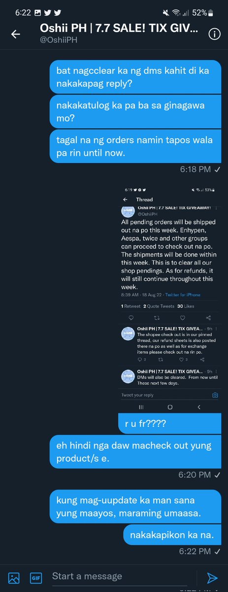eypowlbil's tweet photo. seryoso ka ba beh? gagawa ka ng update tapos wala naman? sasabihin mong magcheck out na pero yung product/s not available, di kami nakikipaglokohan sayo! puro ka mag-aayos ng shipments pero puro failed +

@OshiiPH https://t.co/MAbgVBGHqm