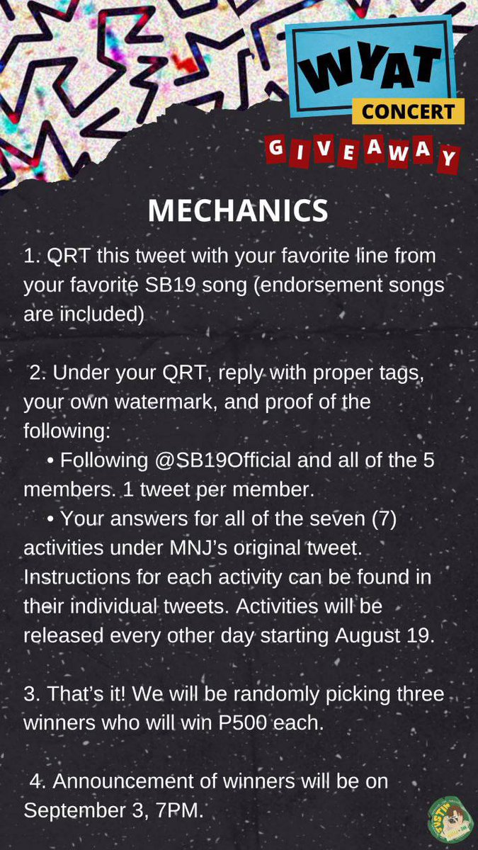 maisaniJah's tweet photo. WYAT Concert GIVEAWAY 📼

WYAT A'TIN? We've got some special treats for you. ✨

• 3 winners of  ₱500 GCash

To join, just follow the mechanics below &amp; keep an eye out for the fun activities in the days ahead. Good luck! 💙

@SB19Official 
#WhereYouAtSB19 📼
#WYATKickoffConcert https://t.co/MCqTTH5Fy5