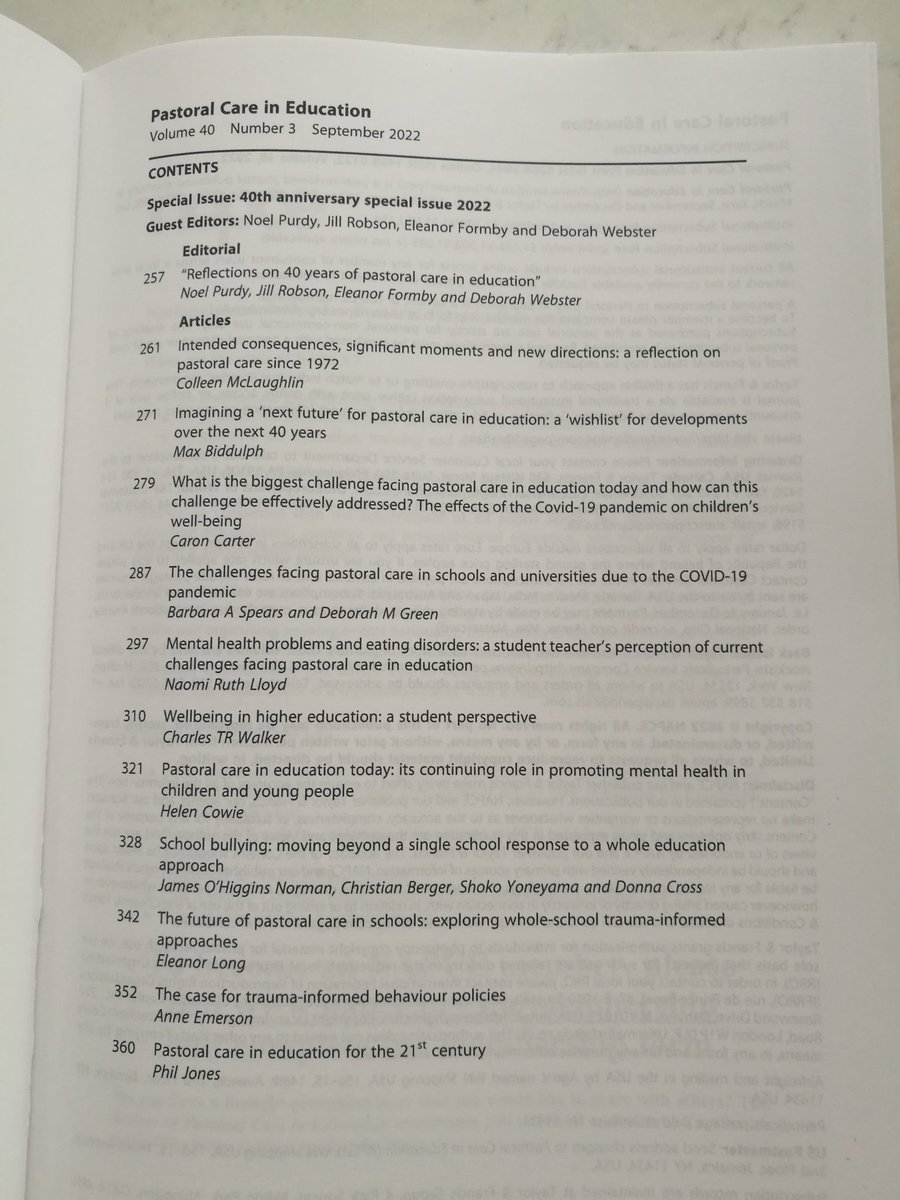 Hot off the press today, the special 40th anniversary issue of the <a href="/NAPCE1/">NAPCE</a> journal Pastoral Care in Education. 11 insightful responses to the question of how to respond to the biggest pastoral challenges facing #education in 2022. #wellbeing #schools tandfonline.com/toc/rped20/cur…