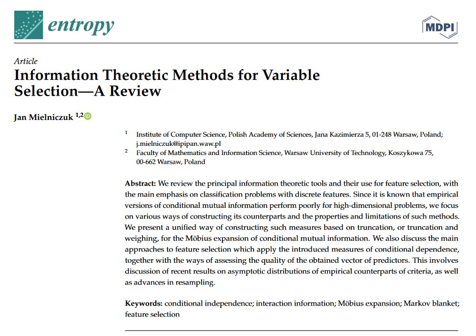 Entropy_MDPI's tweet photo. Read #FeaturePaper "Information Theoretic Methods for Variable Selection—A Review", from Professor Jan Mielniczuk.
https://t.co/U8xMBkYCt5
#conditionalindependence #Markovblanket #featureselection https://t.co/bqNFmXgz7D