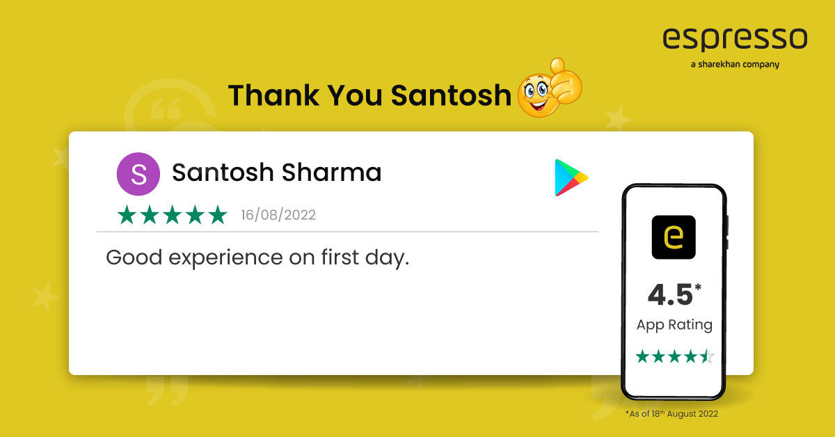 espressoinvest's tweet photo. #ThankYou Santosh🙏Reviews like this keep us going!

#PositiveReviews #HappyCustomer #Customer #AppReview #App #BingeApp #AppDownload #EspressoInvest #MyEspresso #Trading #Investing #StockMarket #StockMarketIndia #customerspeakss #Review #SocialMedia https://t.co/eze4139Cst
