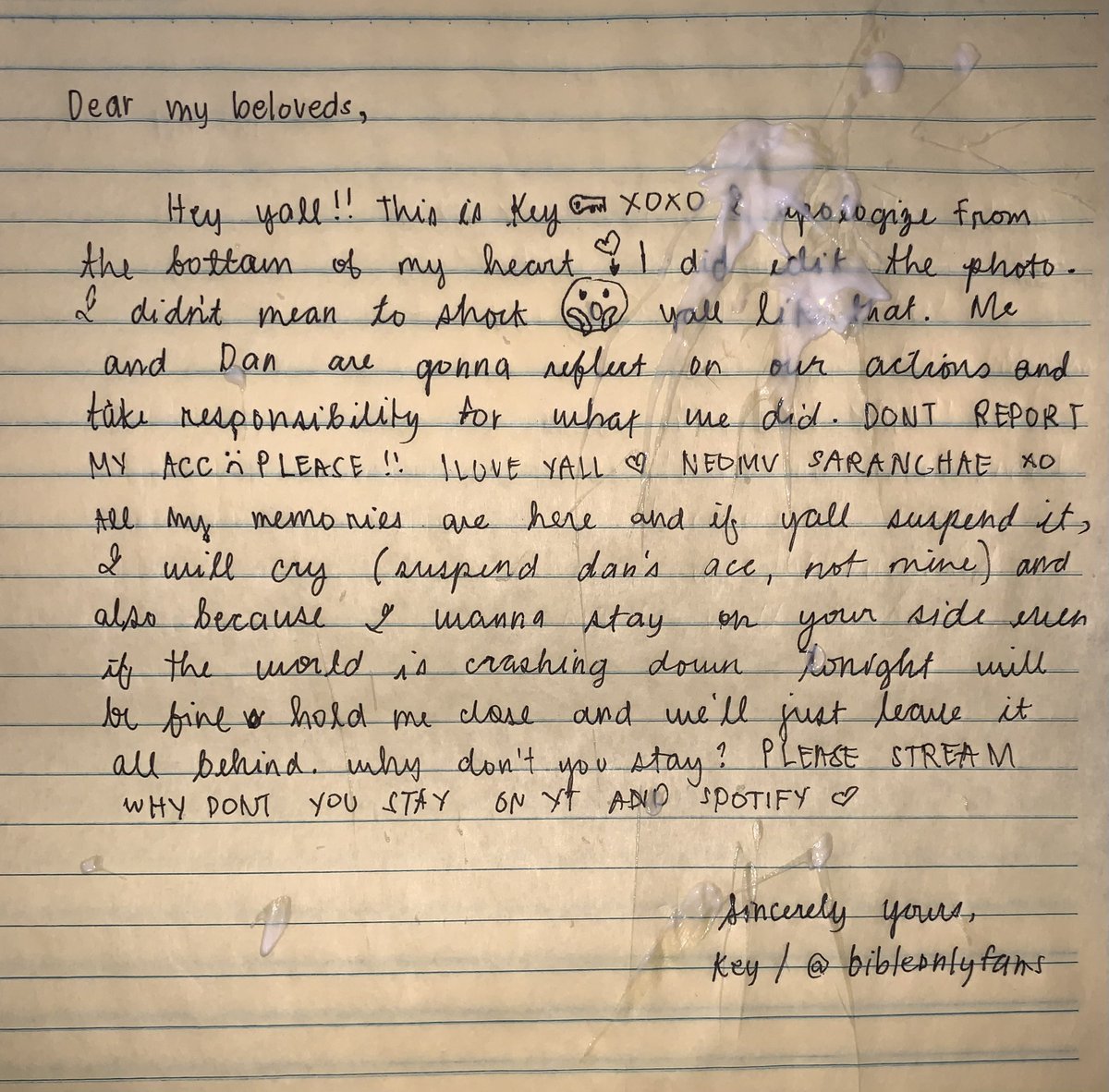 bibleonlyfans's tweet photo. dan and i have been moots for only 3 days and i made an apology letter 2 times already #ImVerySorry #SpareDanAndKey https://t.co/vjasSLW8LF