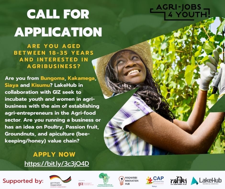 Great opportunity in #agribusiness! Are you active in these #ValueChains - passion fruit, groundnuts, poultry, apiculture? 
Here is a  technical support package to grow your #business!  
#Youth &amp; #women from Western #Kenya apply here:  docs.google.com/forms/d/e/1FAI…
<a href="/LakeHub/">LakeHub 🇰🇪</a> &amp; <a href="/giz_gmbh/">GIZ</a>