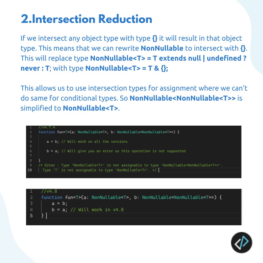 codeparva's tweet photo. Are you that person who is fed up with the drawbacks of the current stable version of Typescript?

Well then you're in luck, because the new upcoming Typescript v4.8 brings some cool new enhancements along with it.

#TypeScript #webdevelopers #Coding https://t.co/CfkjW2QXi2