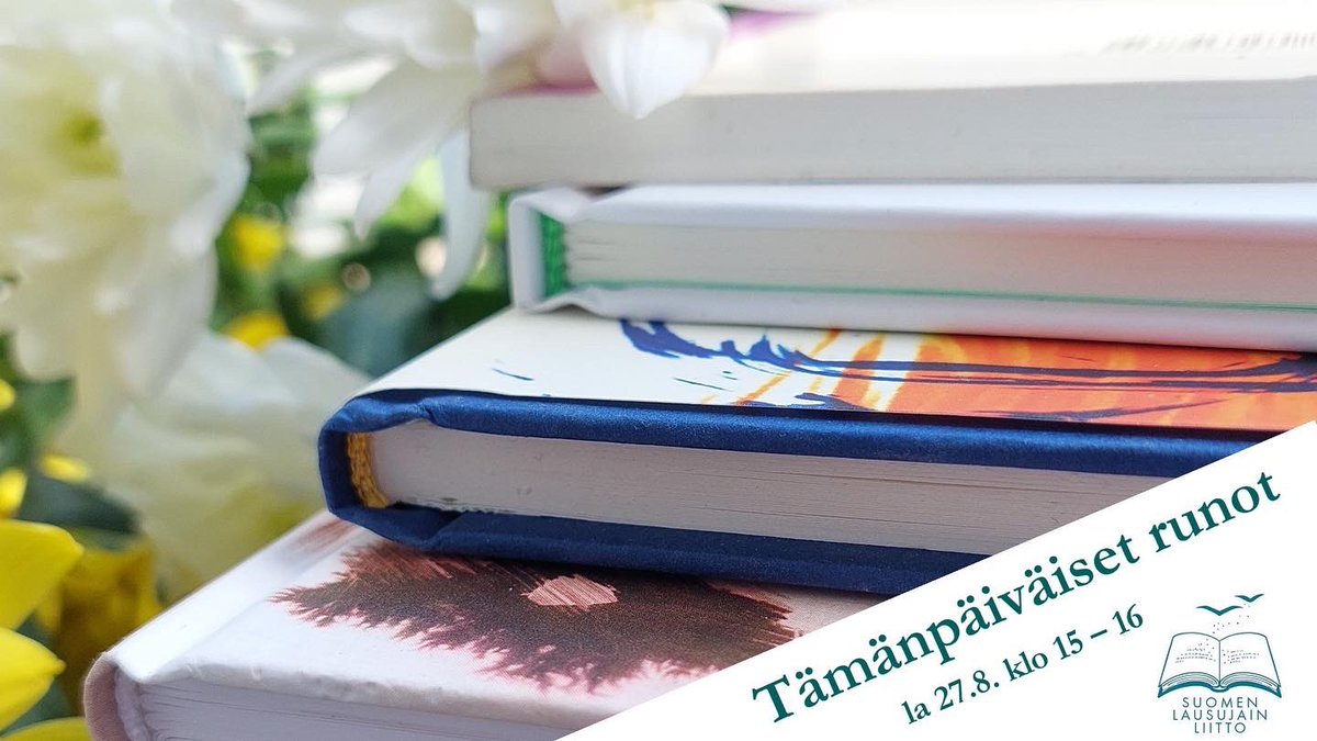 Tämänpäiväiset runot la 27.8. klo 15
Rosebud Sivullinen -kirjakaupan stage (Kaisa-talo, Kaisaniemenkatu 5, 00100 Helsinki)
SLL:n lausuntataiteilijat esittelevät otteita vuoden 2021 runokattauksesta.
Lausujat: Talvikki Eerola, Milla Hilke, Jussi Lankoski ja Annika Niemelä.