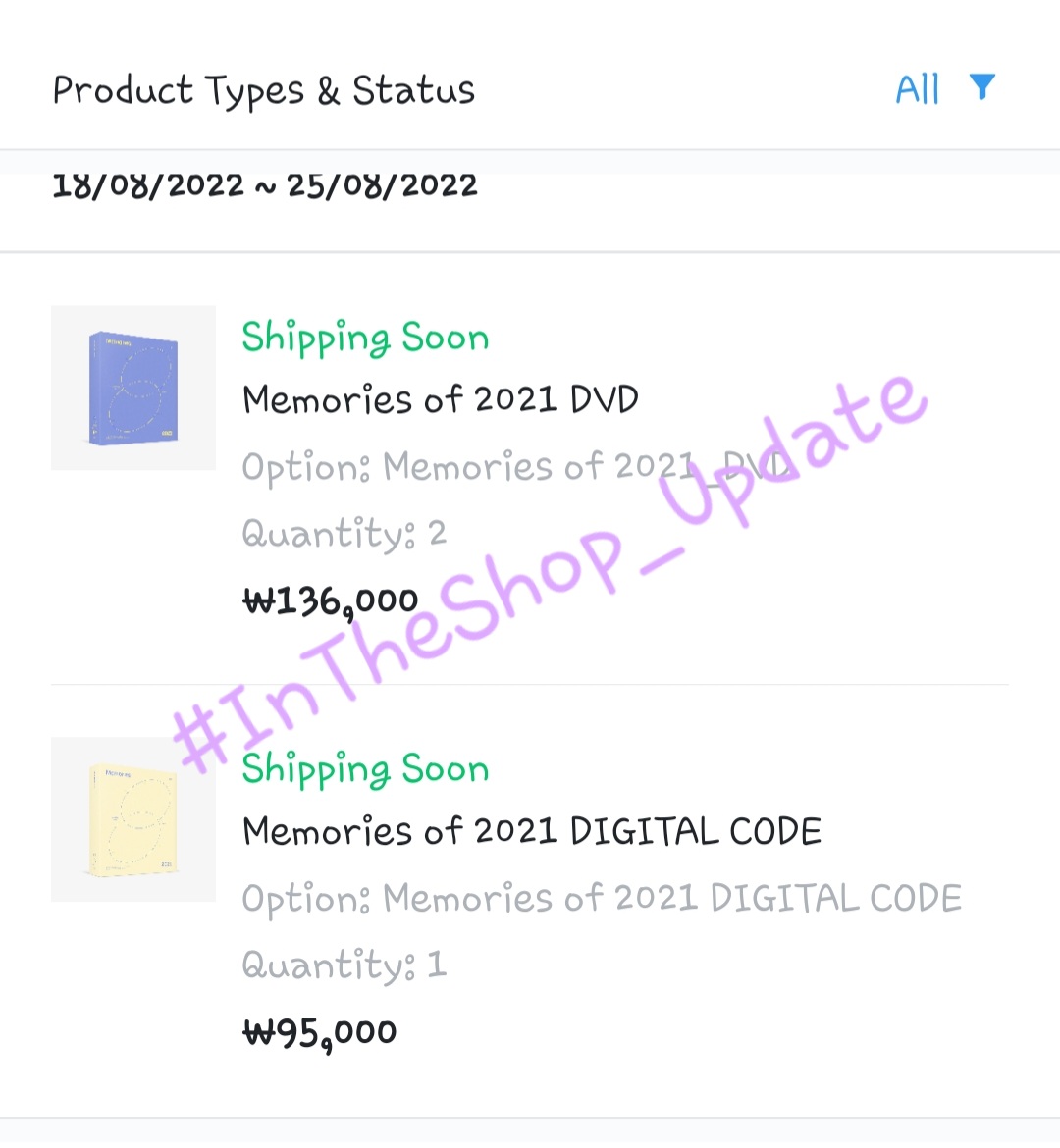 InTheShop_BTS's tweet photo. Memories of 2019-2021
Digital code ,DVD รอบแรก สถานะขึ้น shopping soon ทุกออเดอร์แล้วนะคะ
#InTheShop_Update
#TnTheShop_BTS https://t.co/Wcj3Hr8AjG