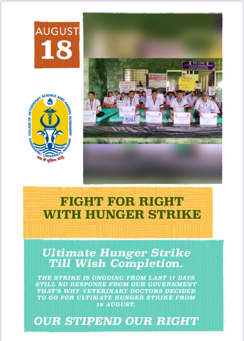 આજે 18 August ના રોજ નવસારી કોલેજ કામધેનુ યુનિવર્સિટી નાં 5 વિધાથીઁઓ ભૂખ હડતાળ પર બેઠા છે.
 #Increase_Guj_Vet_Stipend 
<a href="/CMOGuj/">CMO Gujarat</a> <a href="/KanuDesai180/">Kanu Desai</a> <a href="/PRupala/">Parshottam Rupala</a> <a href="/sandeshnews/">Sandesh</a> <a href="/abpasmitatv/">ABP Asmita</a> <a href="/abpasmitatv/">ABP Asmita</a> <a href="/RaghavjiPatel/">Raghavji Patel</a> <a href="/indiatvnews/">India TV</a> <a href="/CRPaatil/">C R Paatil</a>