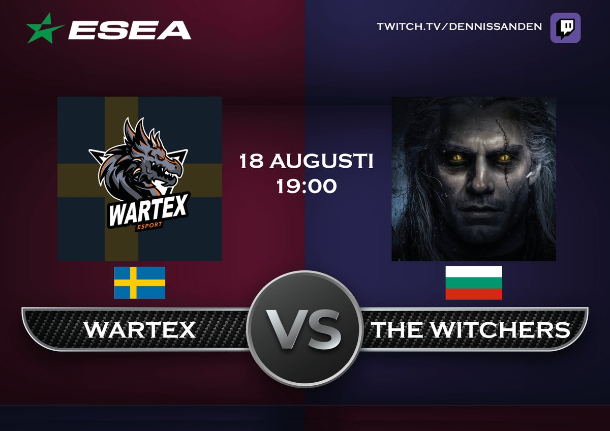 Premiär för Wartex på kanalen den här säsongen. Dessutom får vi se en ny match med pånyttfödda Avdank. TAGGA! 🔥🤩

🕗19:00 🗺️: Ancient
 <a href="/wartexESPORTS/">Wartex eSports</a>  🇸🇪 🆚🇧🇬The Witchers

🕗20:00 🗺️: Mirage
Avdank 🇸🇪🆚🇷🇺 White FIames

🎙️: <a href="/SandenDennis/">🎙️ 🇸🇪 Dennis Sandén</a> 
🎥: twitch.tv/dennissanden
