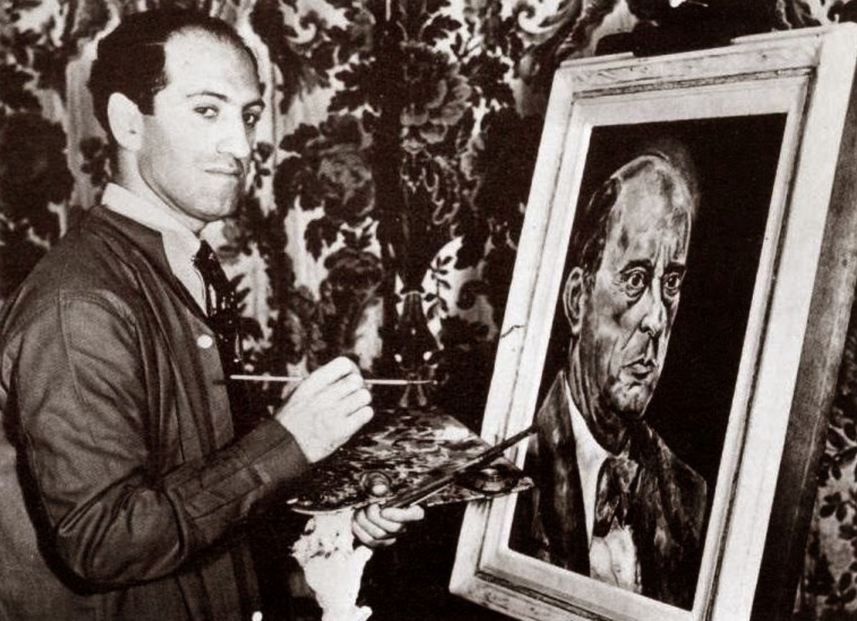 Composer George Gershwin painting a portrait of composer Arnold Schoenberg.