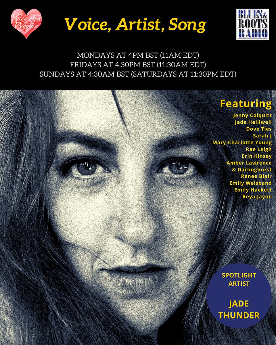 Tomorrow is the first play of a new episode of Voice of a Woman on <a href="/BluesRootsRadio/">The Sound Cafe</a> 
Spotlight artist of the week is the fabulous @jethundermusic  and we play two songs from her in this hour of music.
You will also be able to hear songs from <a href="/JennyColquitt/">Jenny Colquitt</a> and <a href="/jadehelliwell2/">Jade Helliwell</a>