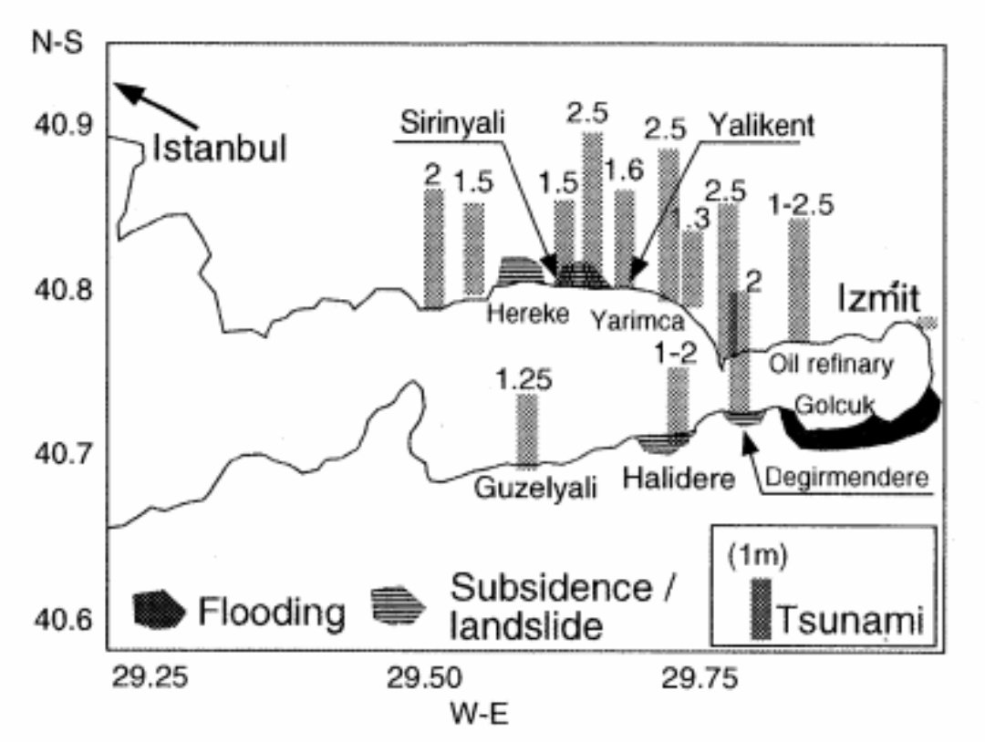 1999 depreminde Kocaeli'de 2,5 m Tsunami oldu. Hatırlayalım ki 0,5 m Tsunami bile sağlıklı yetişkinleri öldürebilir. Beklenen İstanbul depreminde de Tsunami riski var. Deniz kenarında oturanlar unutmamalı.
