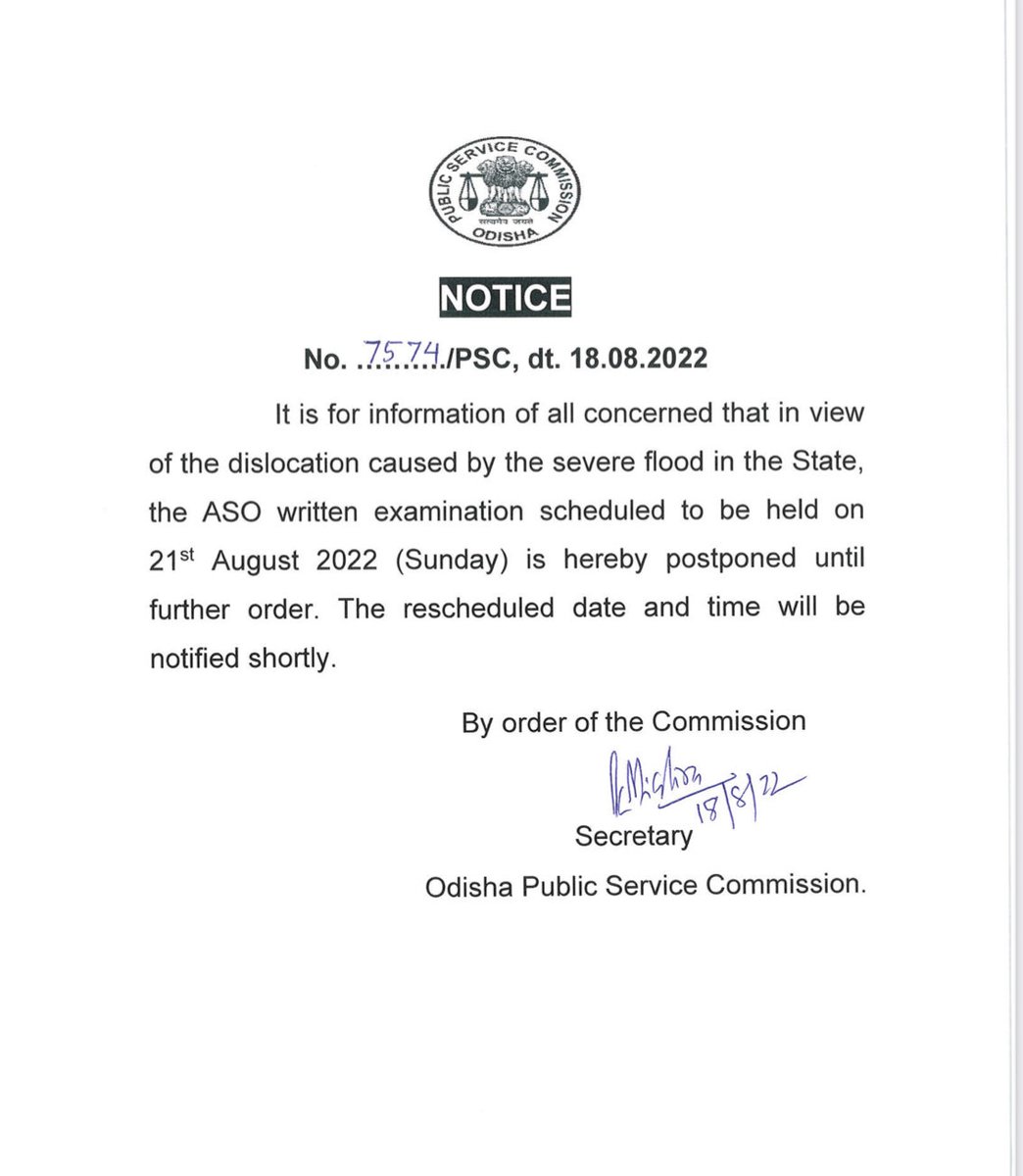 satyajitips88's tweet photo. ASO Written Exam postponed. Here is the notice of the OPSC https://t.co/KVK4tjAjDf